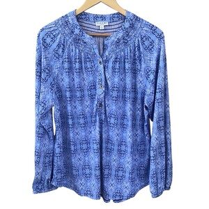 Cabana Life Blue Patterned Long Sleeve Popover Blouse Size XL NEW